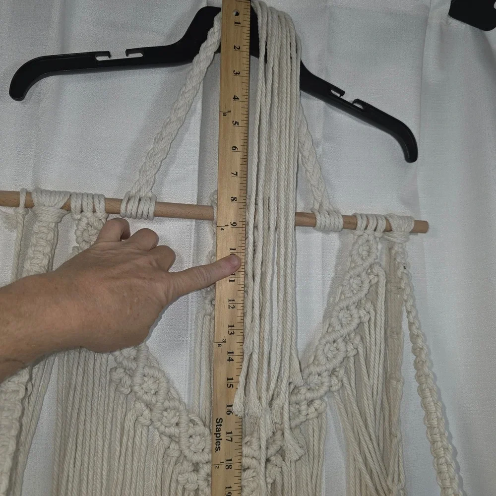 Boho Macrame Wall Hanging Shelf 2 Tier Wood Floating Plant Hanger Cream Cotton